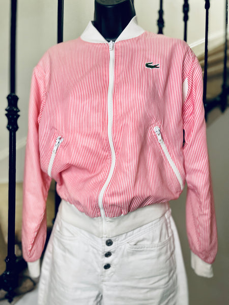 Blouson vintage Lacoste rayures tennis rose et blanc