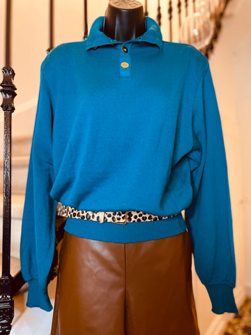 Teal blue sweater with trucker collar