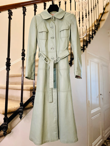 Celadon blue leather trench coat