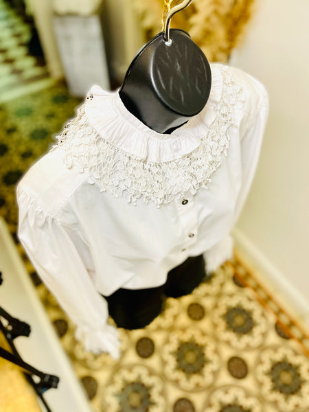 Blouse with lace frilly collar and cuffs