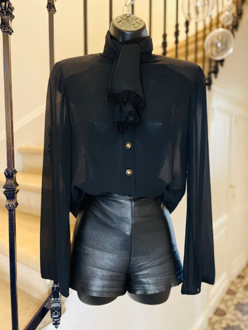 Black silk crepe and lace blouse
