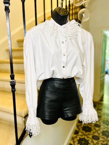Blouse with lace frilly collar and cuffs